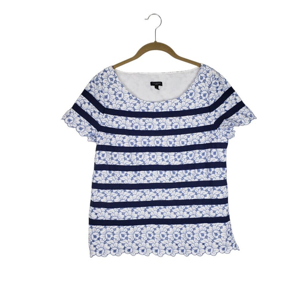 Talbots Applique Embroidered Eyelet Stripe Blue Floral Short Sleeve Top Size 14P
